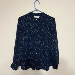 LOFT Navy Button Down Polka Dot Shirt